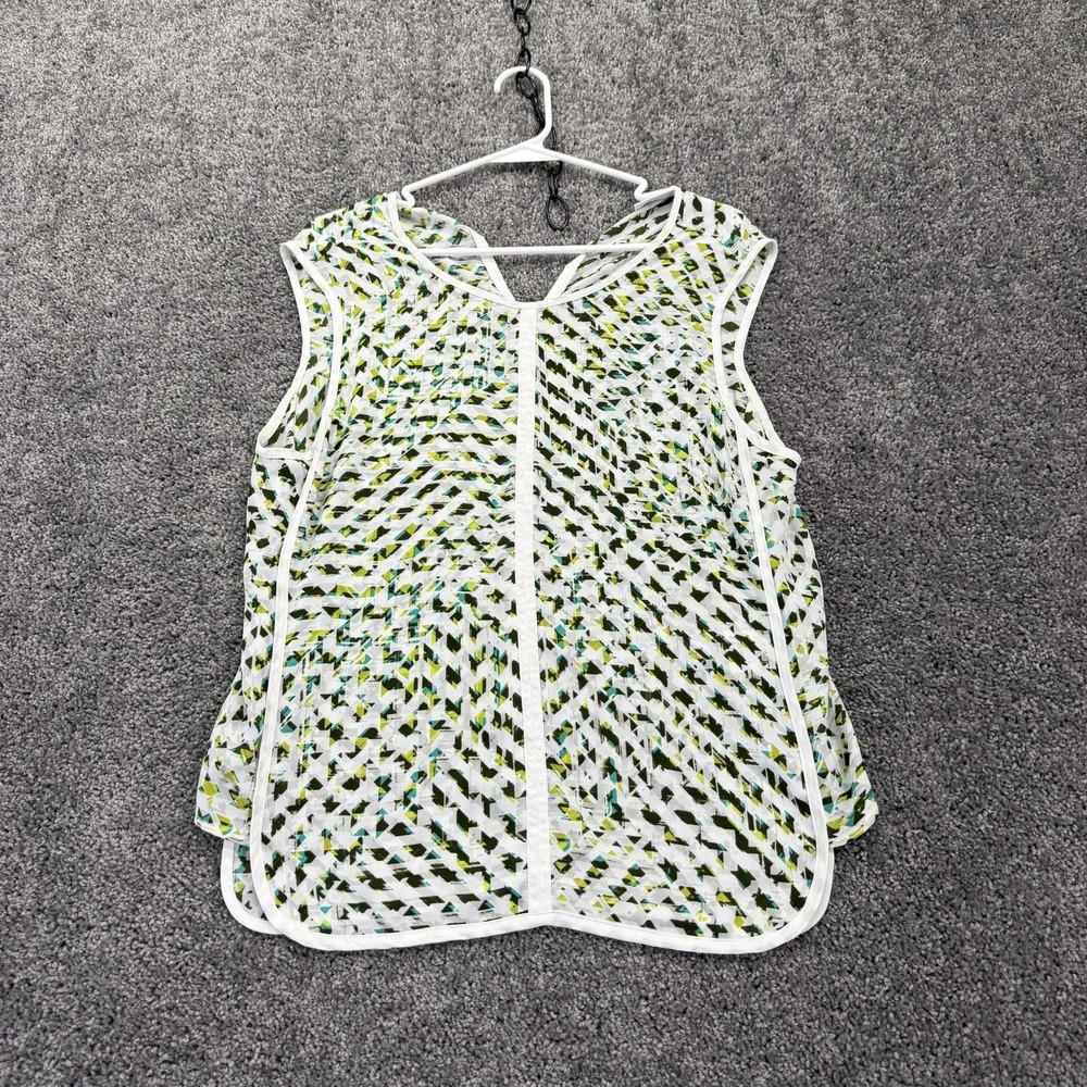 Liz Claiborne Tank Top Womens L White Green Geometric Print Sheer Chiffon Summer